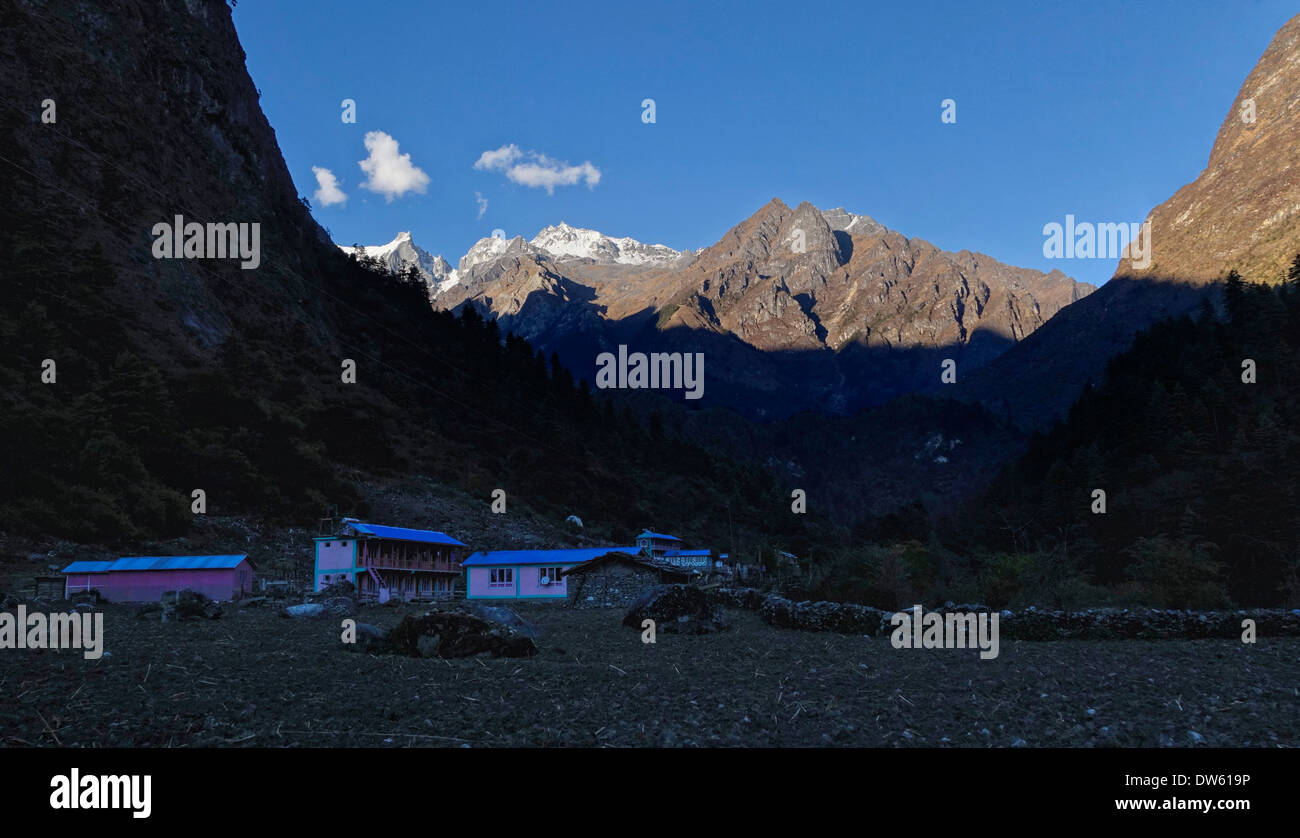 New guest houses along the Manaslu Circuit trek in the village Gho, Nepal. Stock Photo