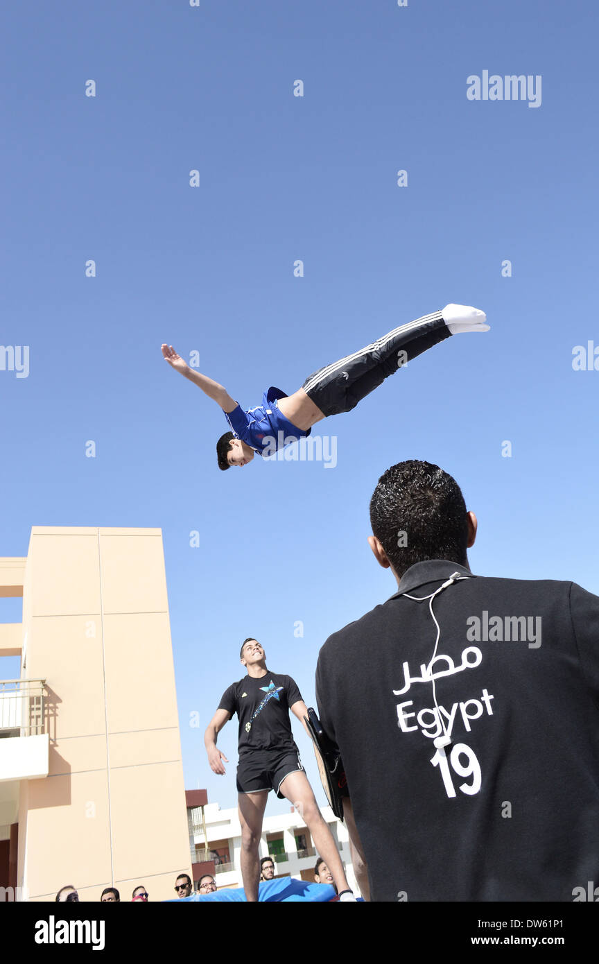 Cairo, Egypt. 28th Feb, 2014. Egyptian trampoline team made a show