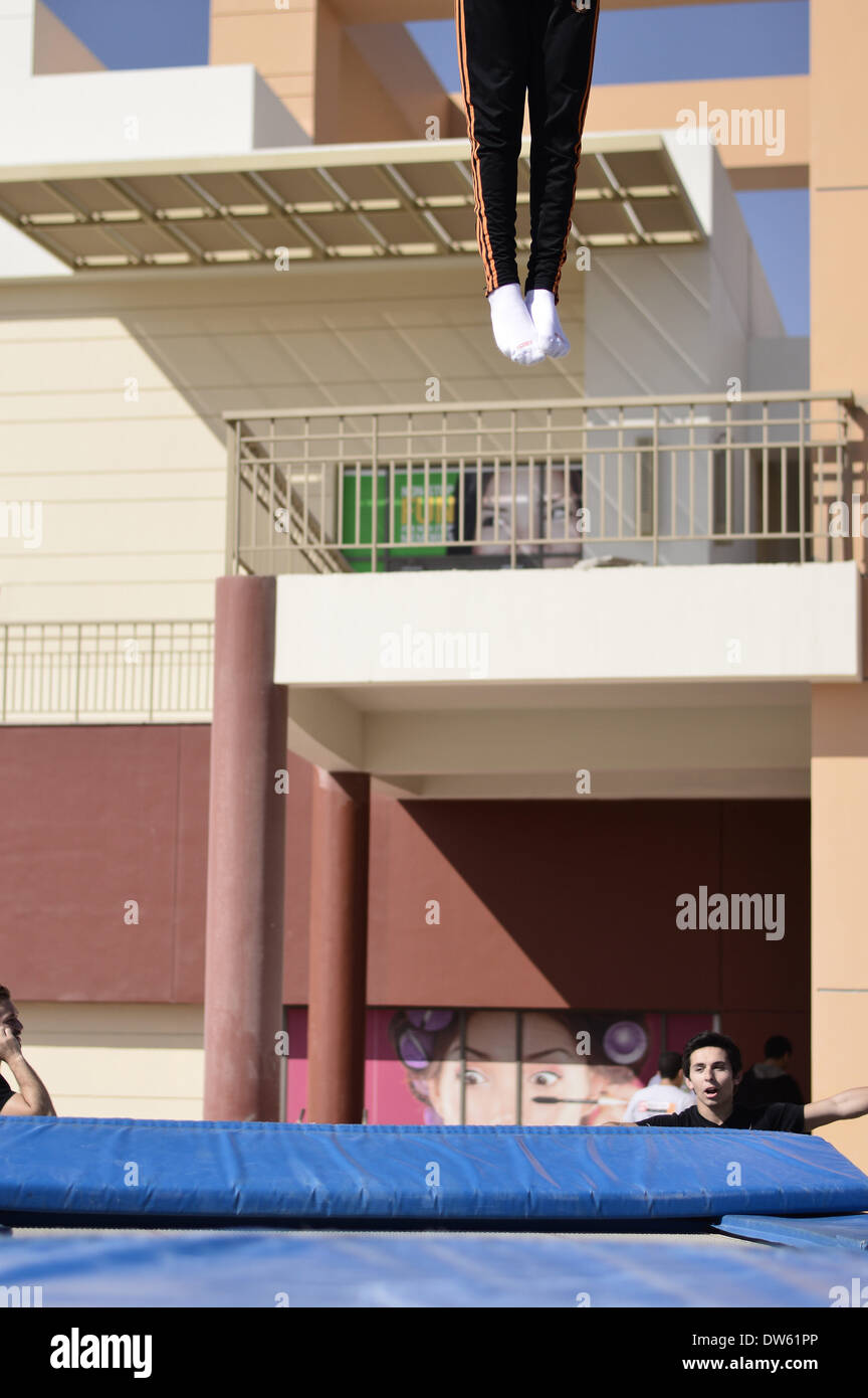 Cairo, Egypt. 28th Feb, 2014. Egyptian trampoline team made a show