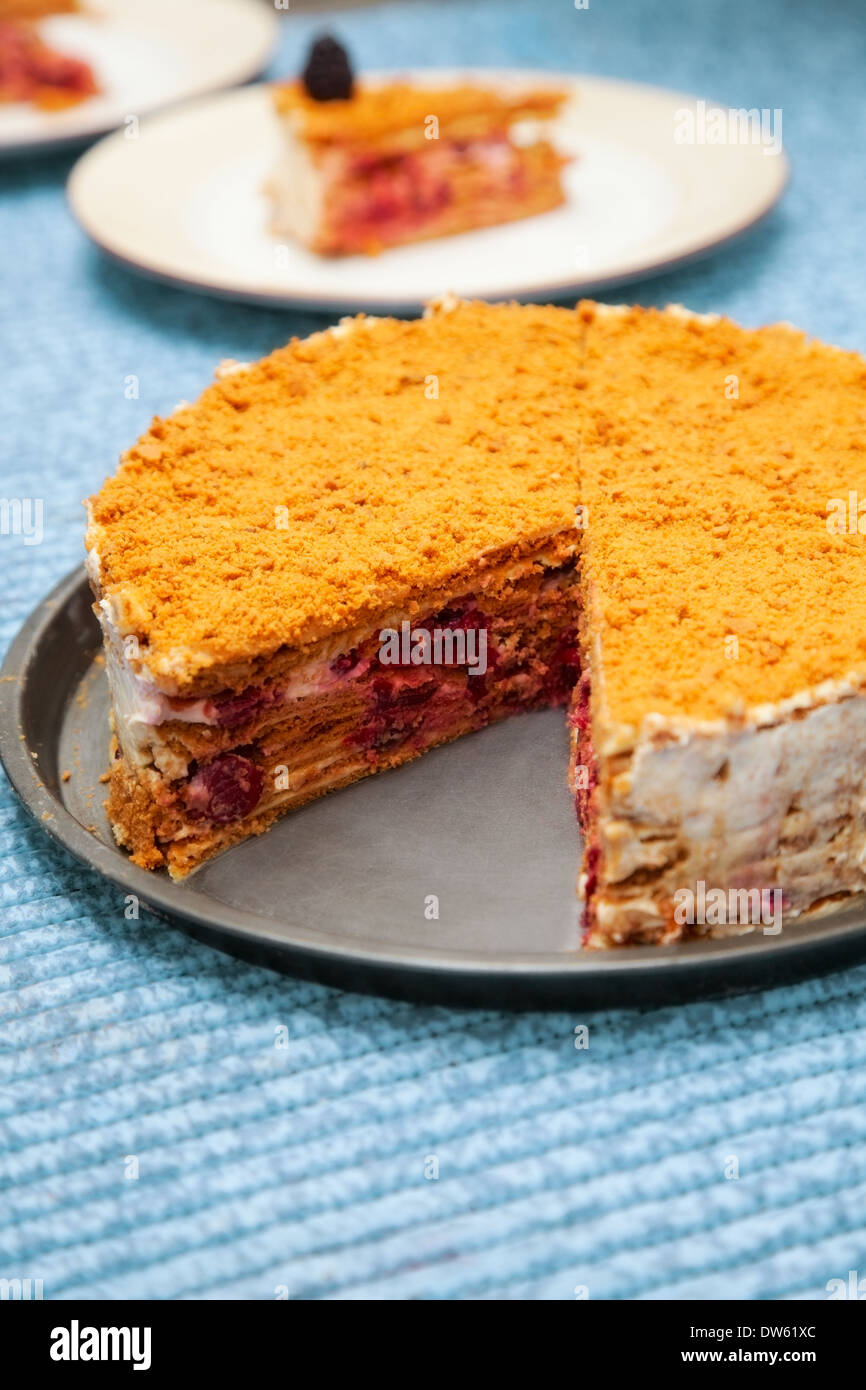 honey cake with cherry in powdered sugar Stock Photo
