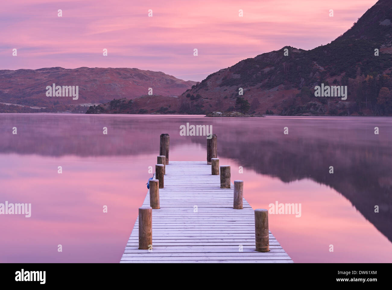 Frosty jetty on Ullswater at dawn, Lake District, Cumbria, England. Winter (November) 2013. Stock Photo