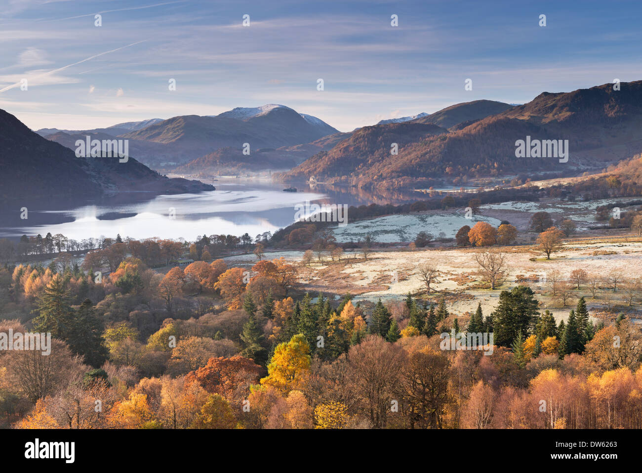 Ullswater from Gowbarrow Fell on a frosty autumn morning, Lake District, Cumbria, England. November 2013. Stock Photo