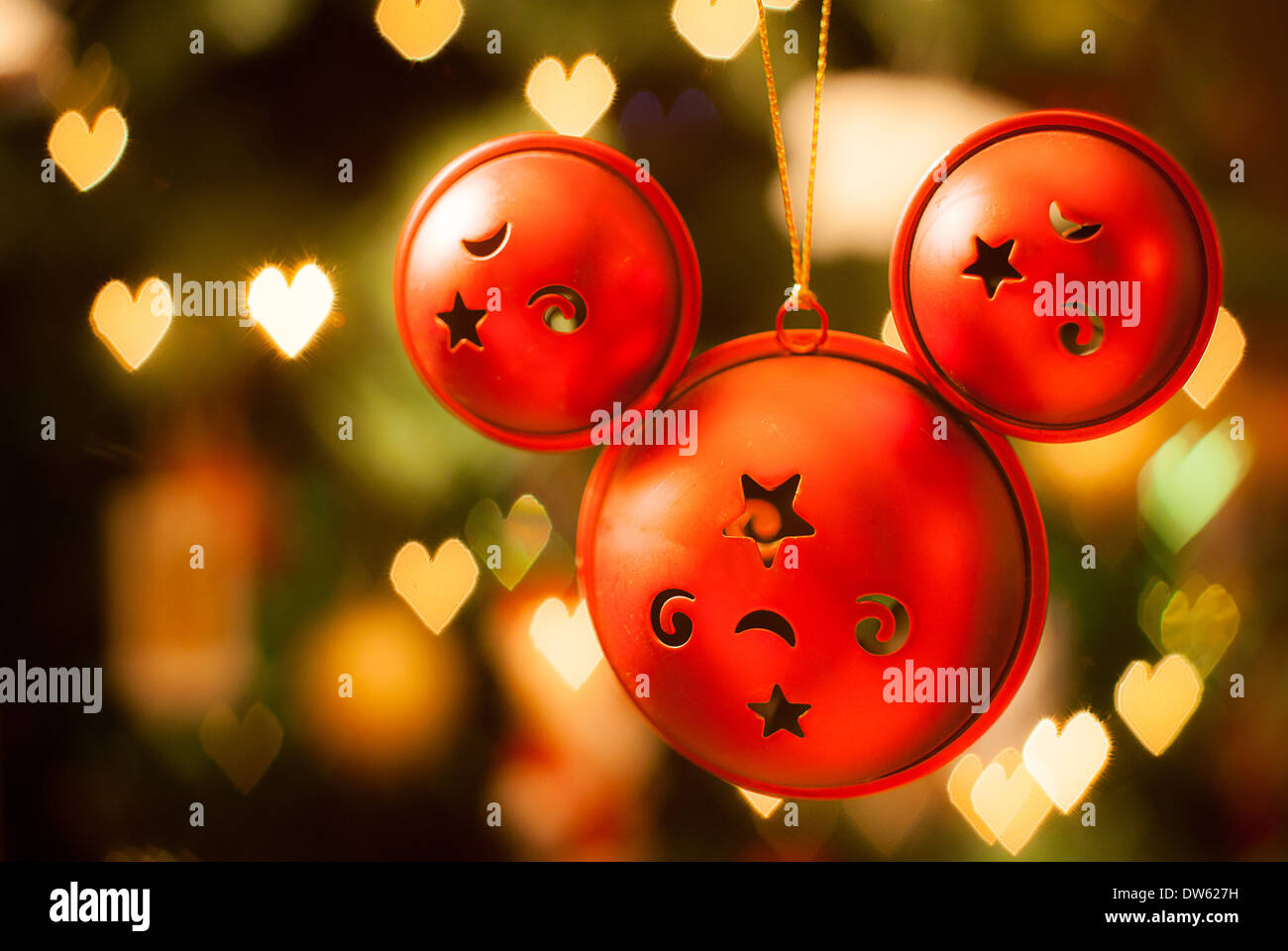 Disney Christmas tree decoration with heart bokeh Stock Photo