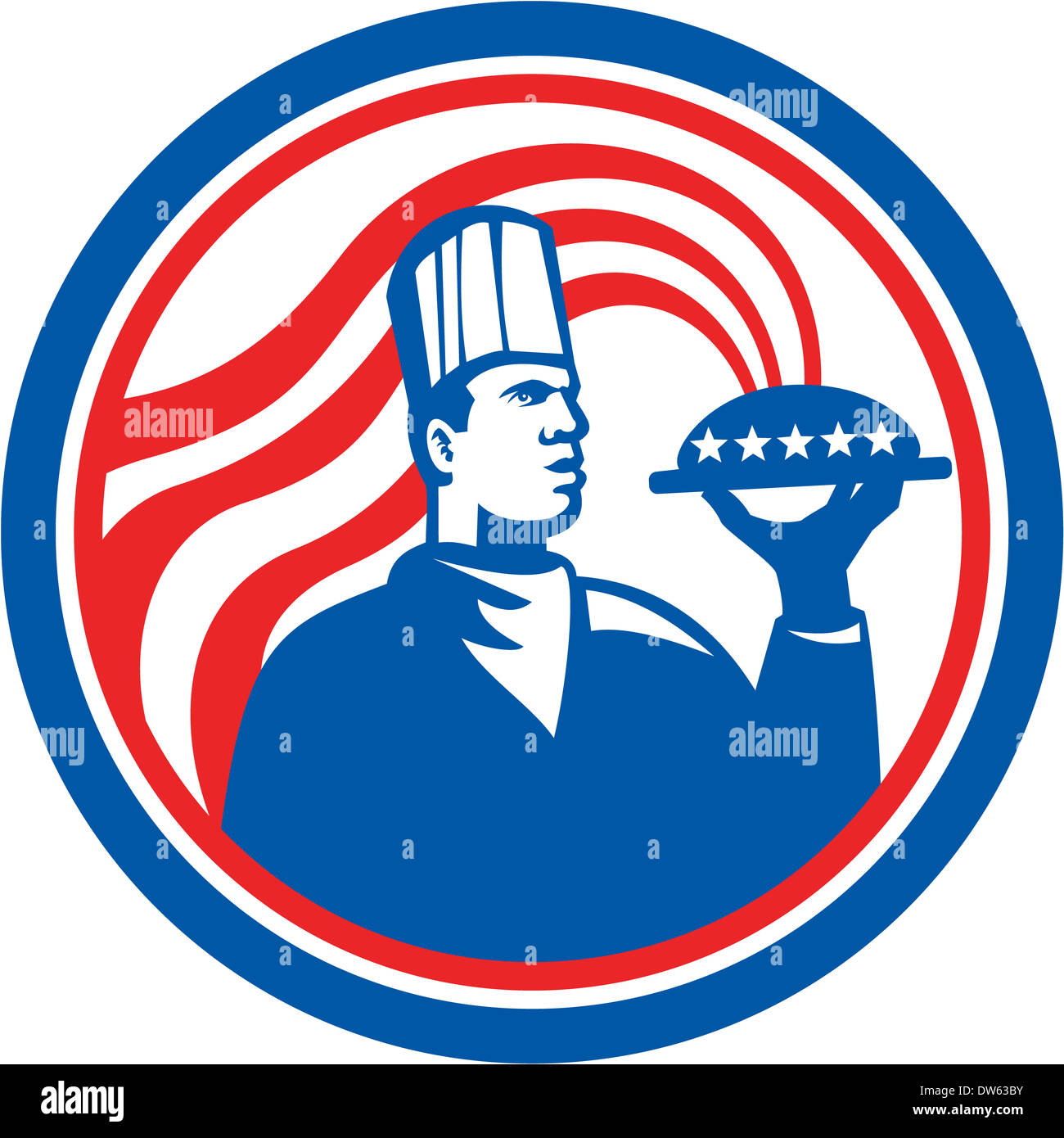 Illustration of an American chef, cook or baker holding serving plate platter of food set inside circle with stars and stripes done in retro style. Stock Photo