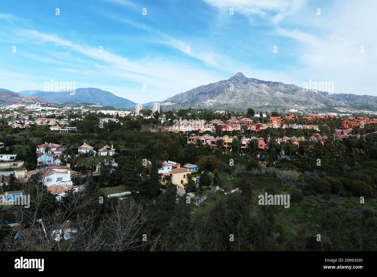 View of luxury houses at the foot of La Concha Mountain near Marbella Stock Photo