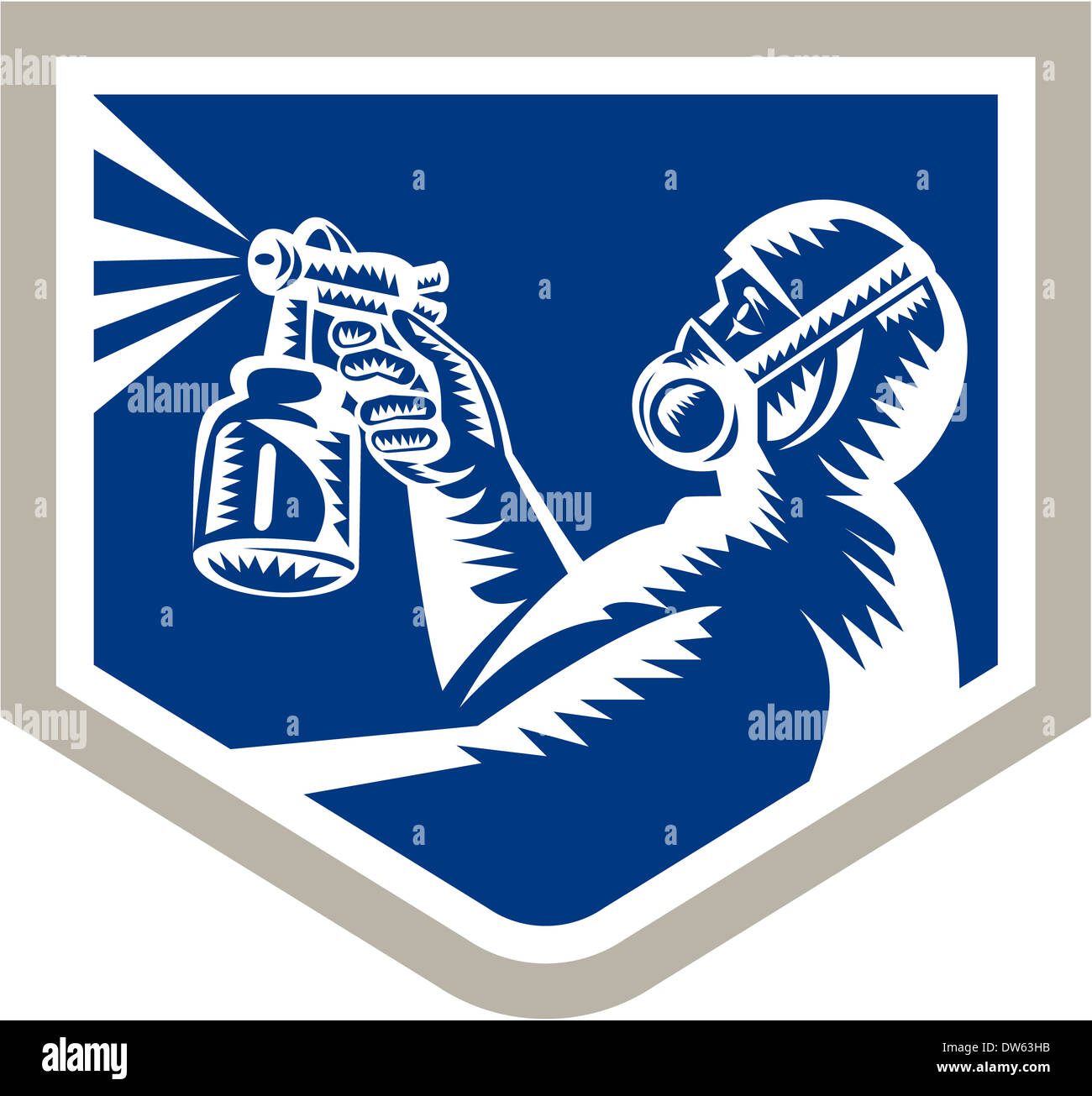 Illustration of spray painter holding paint spray gun spraying set ...