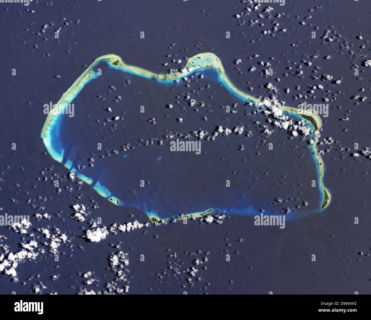 Bikini Atoll, site of the hydrogen bomb test March 1, 1954 The gap in the island at upper left is the Castle Bravo blast crater. Stock Photo