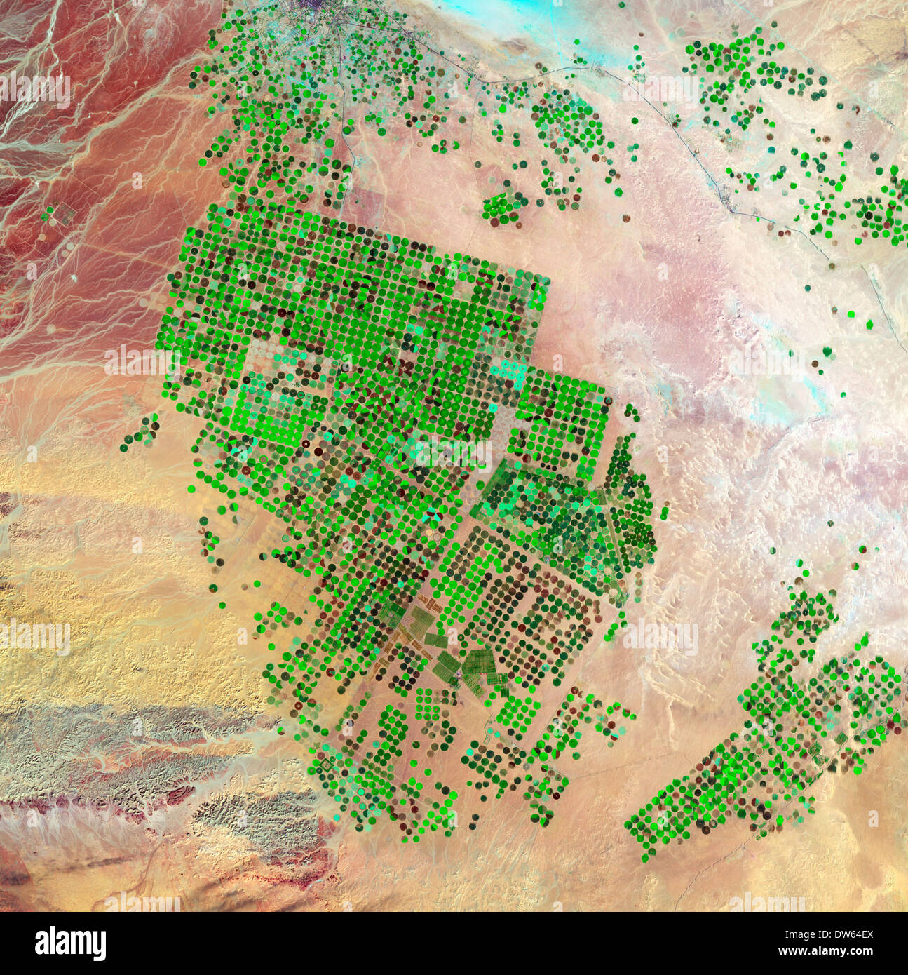 irrigation in the Saudi Arabian desert as seen from space Stock Photo