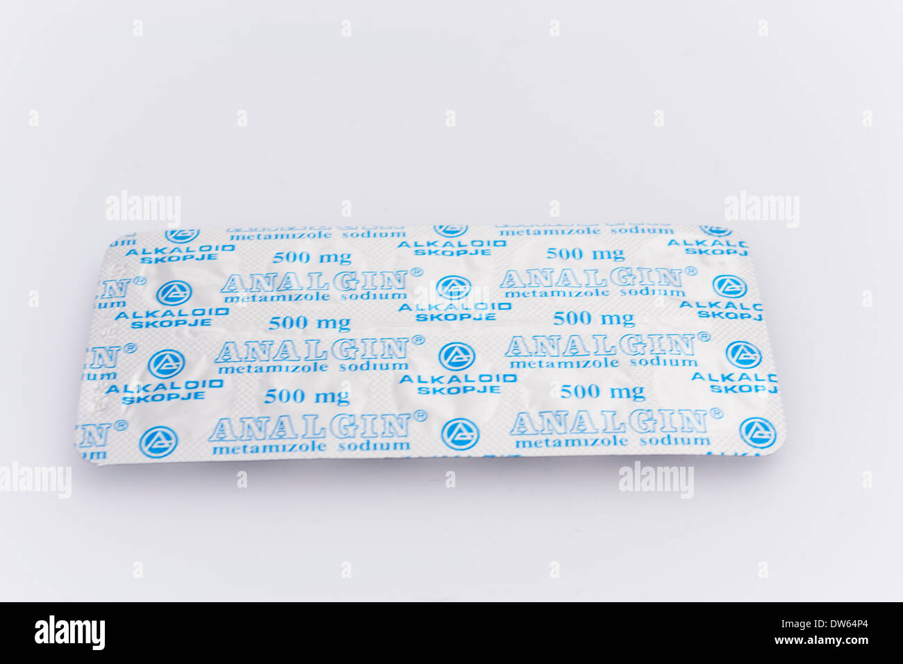Analgin blister package isolated on white background. Produced by Alkaloid in Skopje, Macedonia Stock Photo