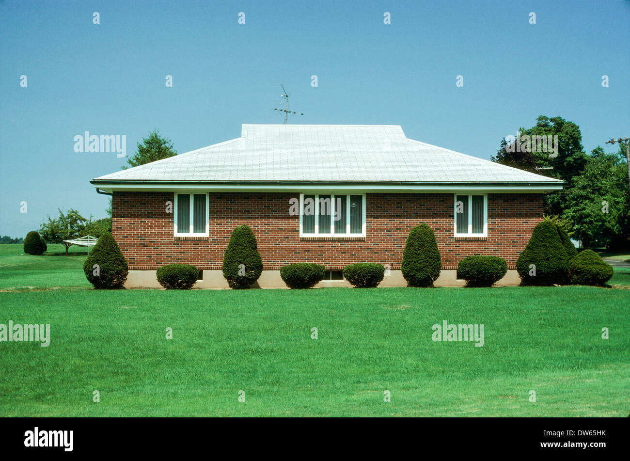 suburban house sculpted shrubs neat orderly Stock Photo