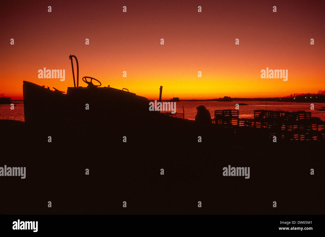Thimble Islands Stony Creek boat sunset lobster pots silhouette Stock