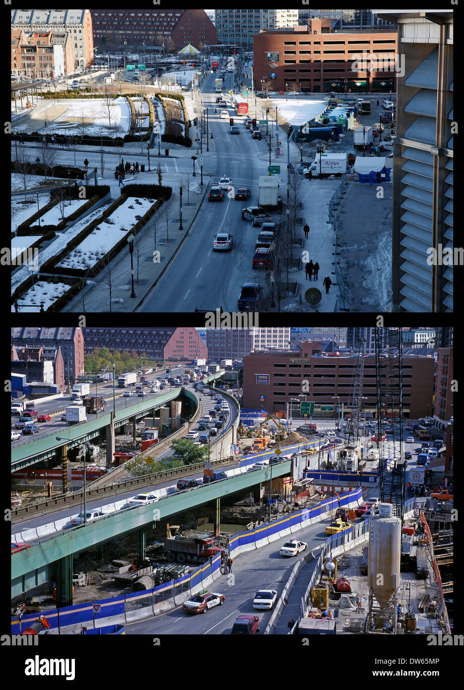 Composite image, Boston, before and after the Central Artery was moved