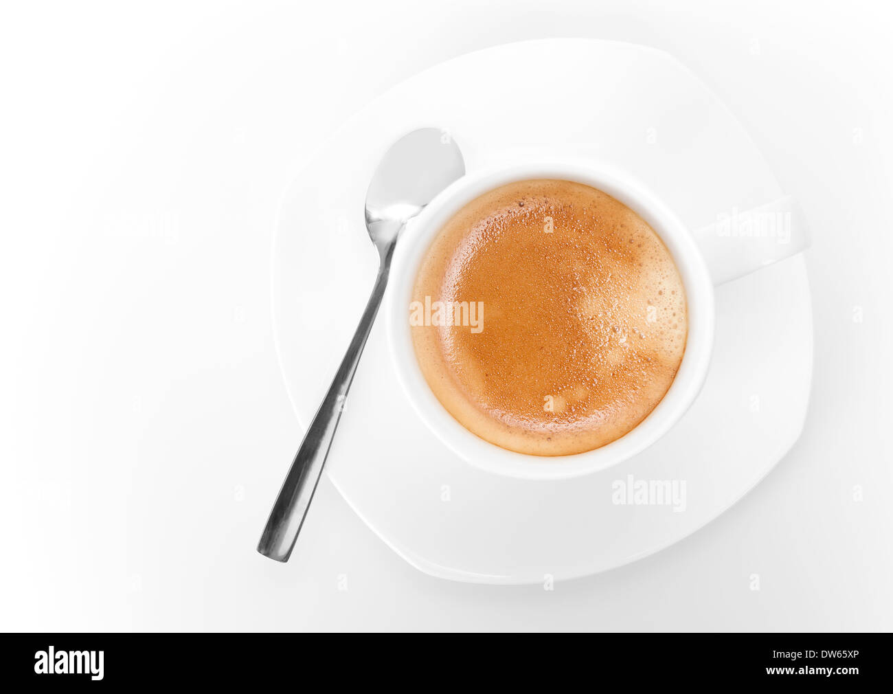 Cup of espresso coffee. Top view on white background Stock Photo