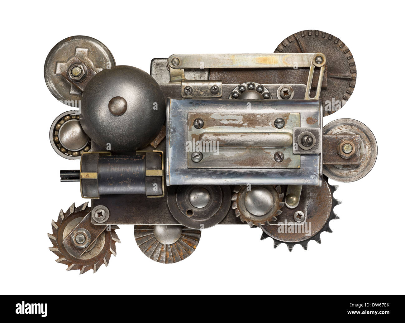 Stylized metal collage of mechanical device Stock Photo