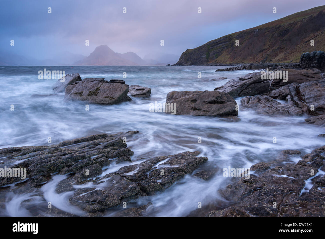 Dramatic coastline of Elgol, looking across to the Cuillins, Isle of Skye, Scotland. Winter (November) 2013. Stock Photo