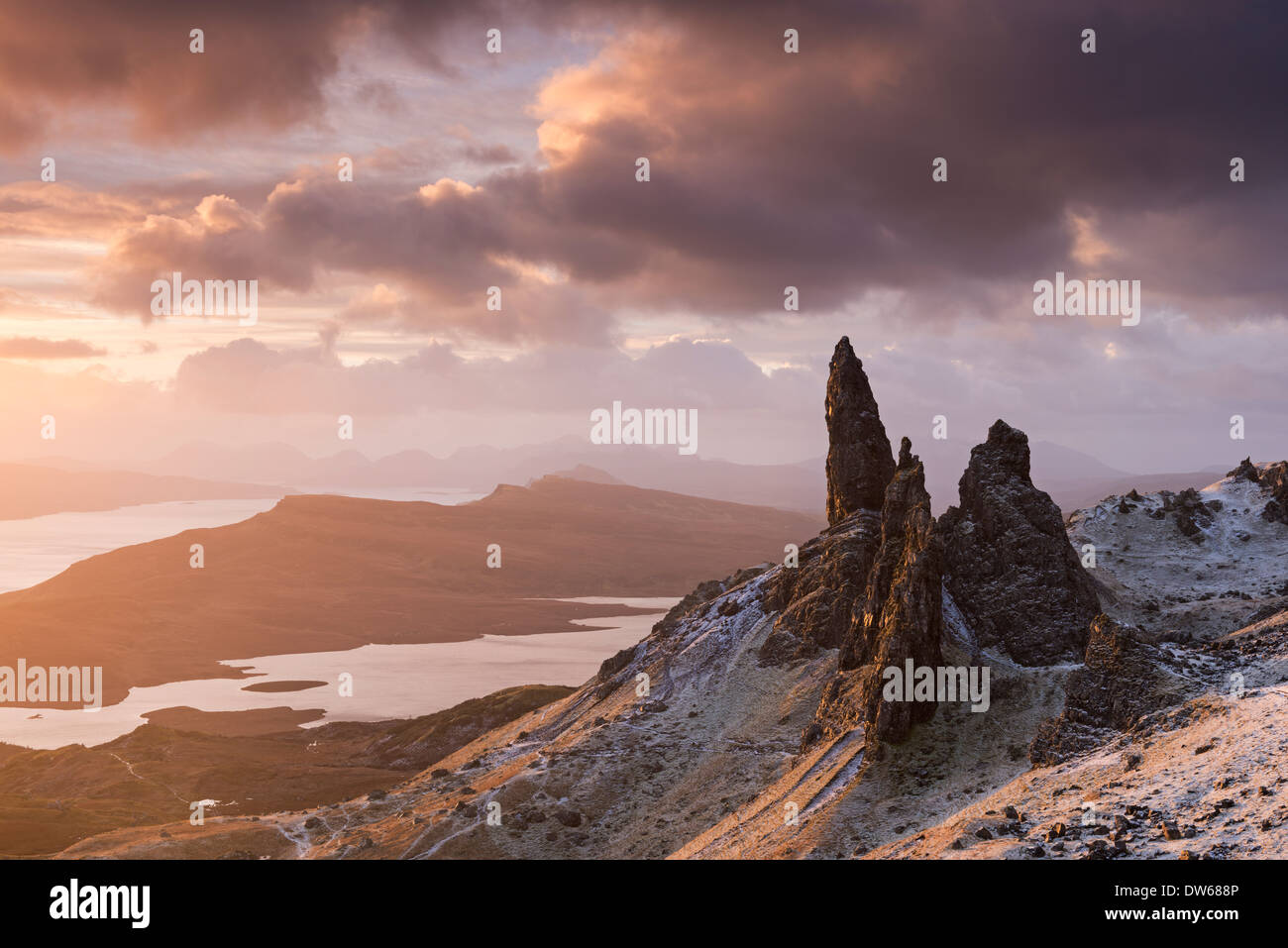 Beautiful sunrise over a snow dusted Old Man of Storr, Isle of Skye, Scotland. Winter (December) 2013. Stock Photo