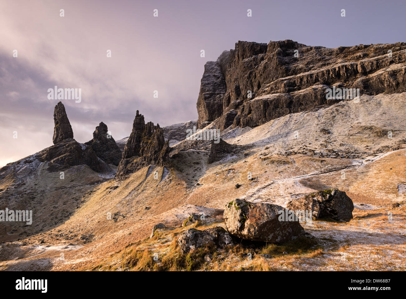 Dramatic mountain scenery of The Storr in winter time, Isle of Skye, Scotland. Winter (December) 2013. Stock Photo