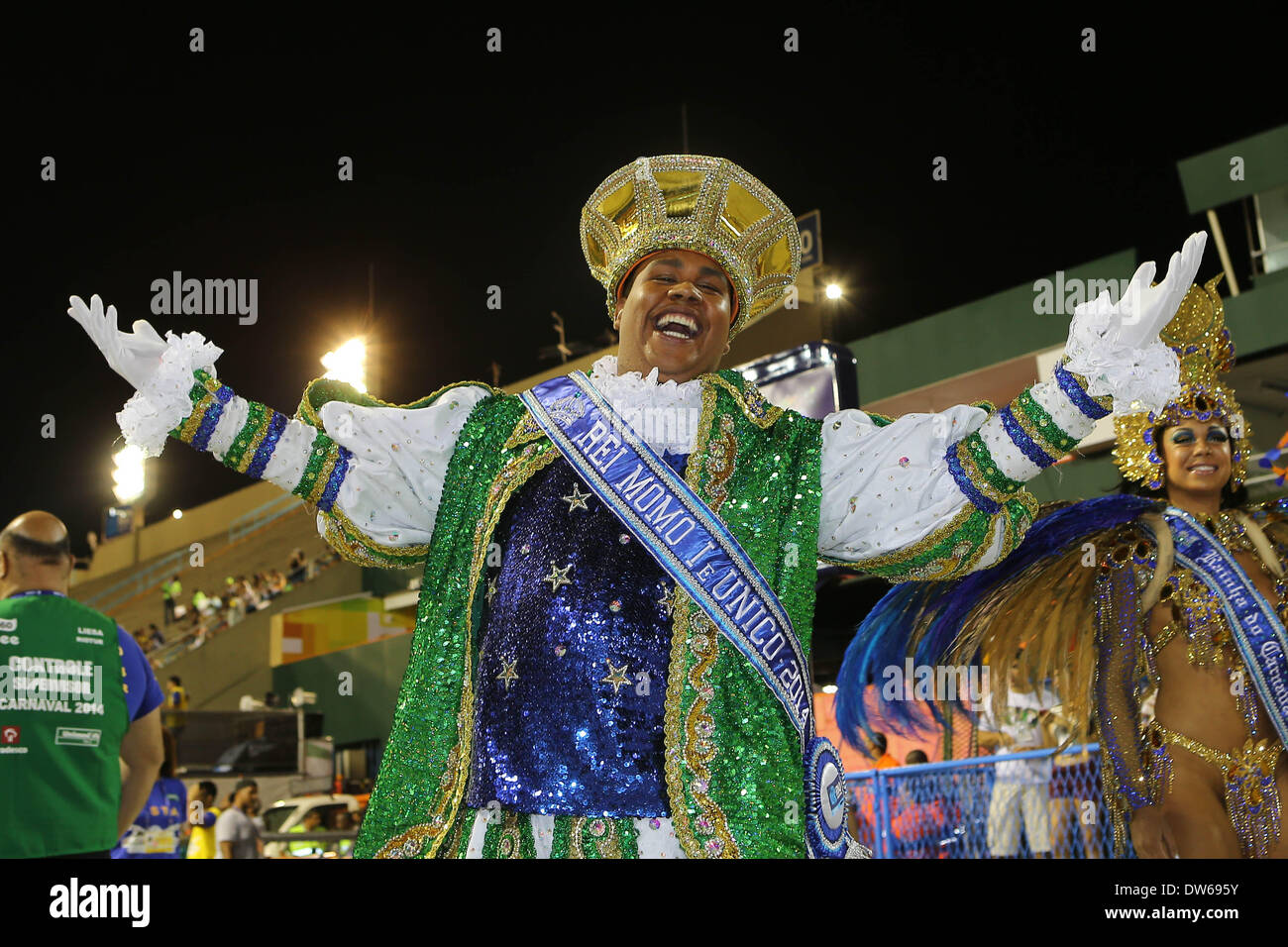 Rio De Janeiro, Brazil. 28th Feb, 2014. Rei Momo Wilson Neto participates in the first night of the annual Carnival parade at the Sambadrome in Rio de Janeio, Brazil, Feb. 28, 2014. Credit:  Xu Zijian/Xinhua/Alamy Live News Stock Photo