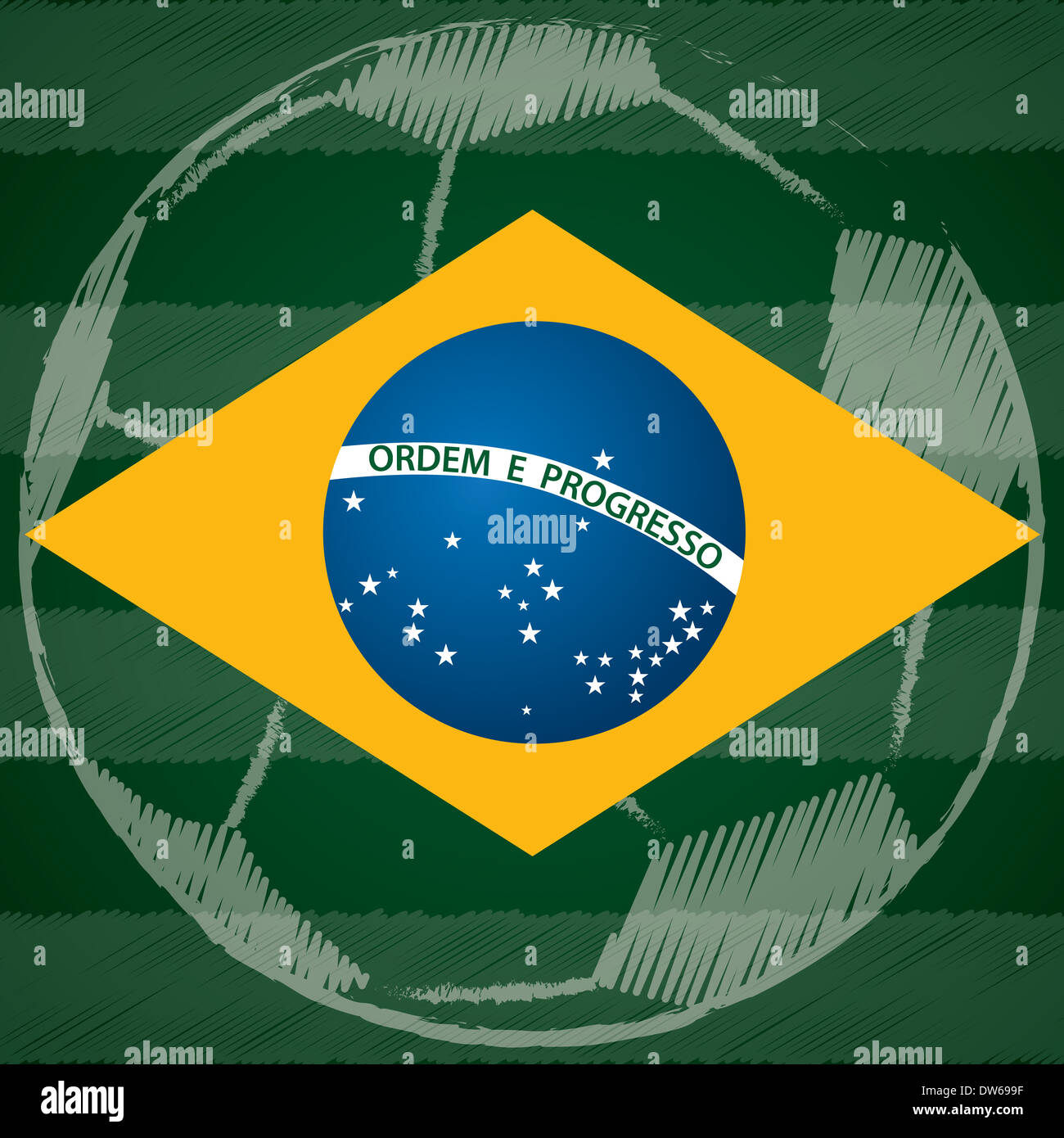Abstract poster design with Brasil flag and scribbled soccer ball Stock Photo