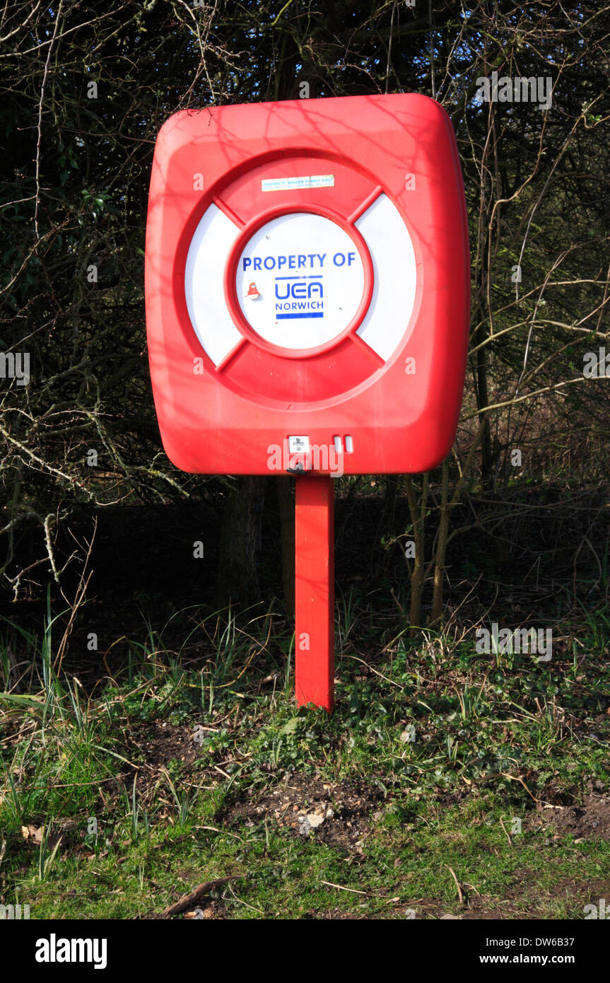 A lifesaving point by The Broad at the University of East Anglia, Norwich, Norfolk, England, United Kingdom. Stock Photo