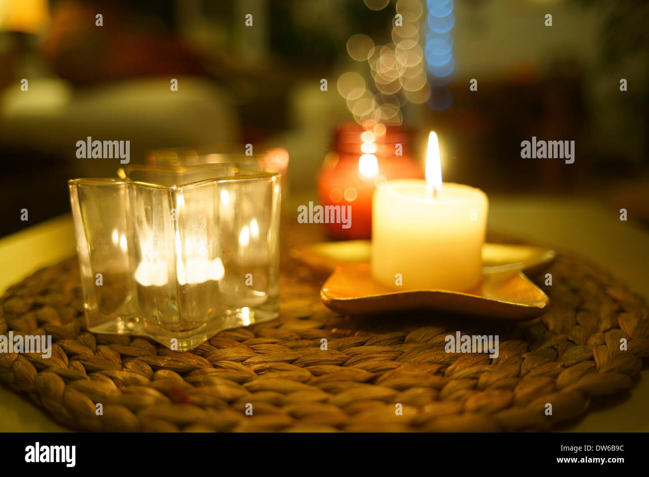 Warm candle light home candles burning Stock Photo