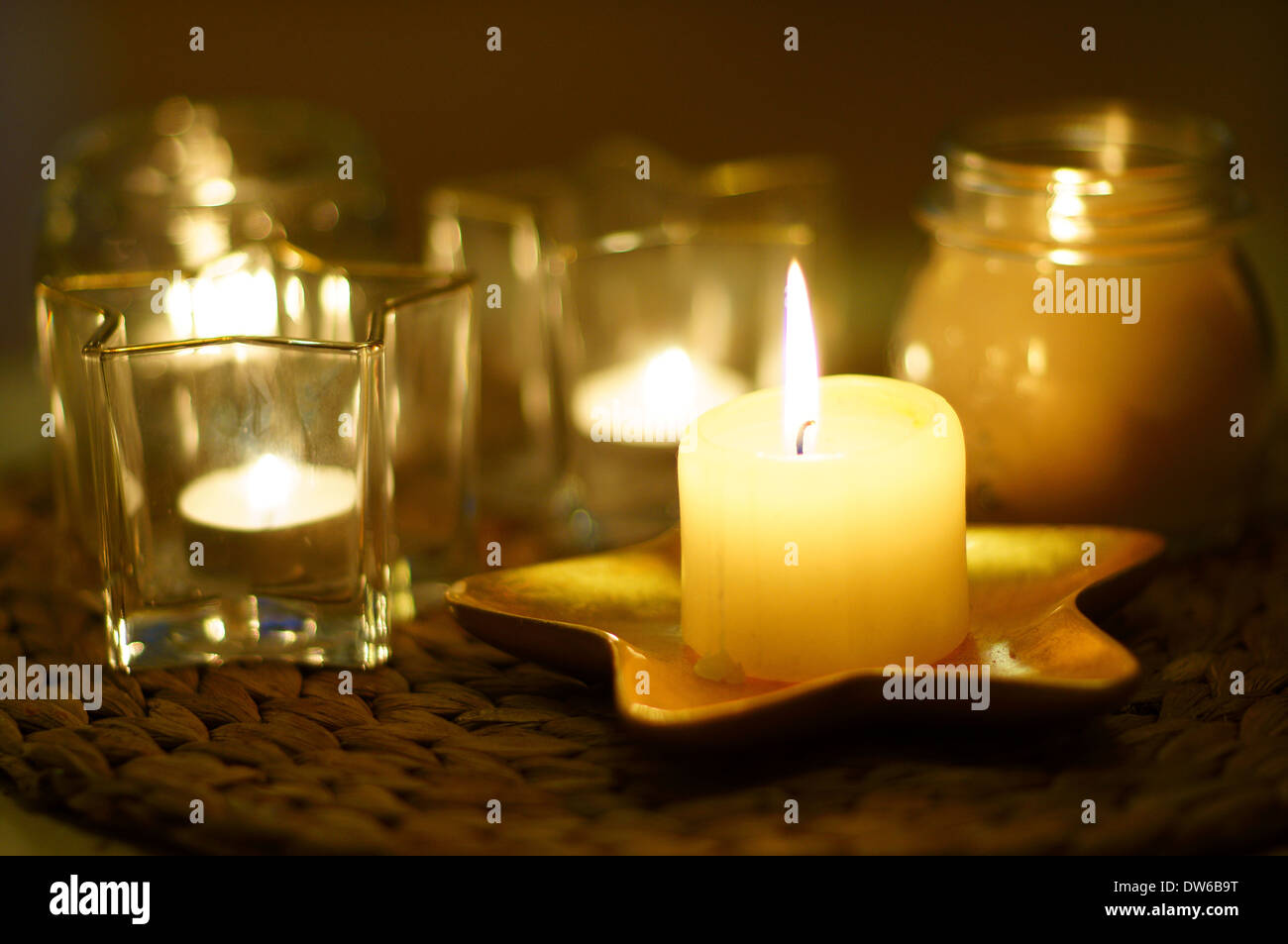 Warm candle light home candles burning Stock Photo