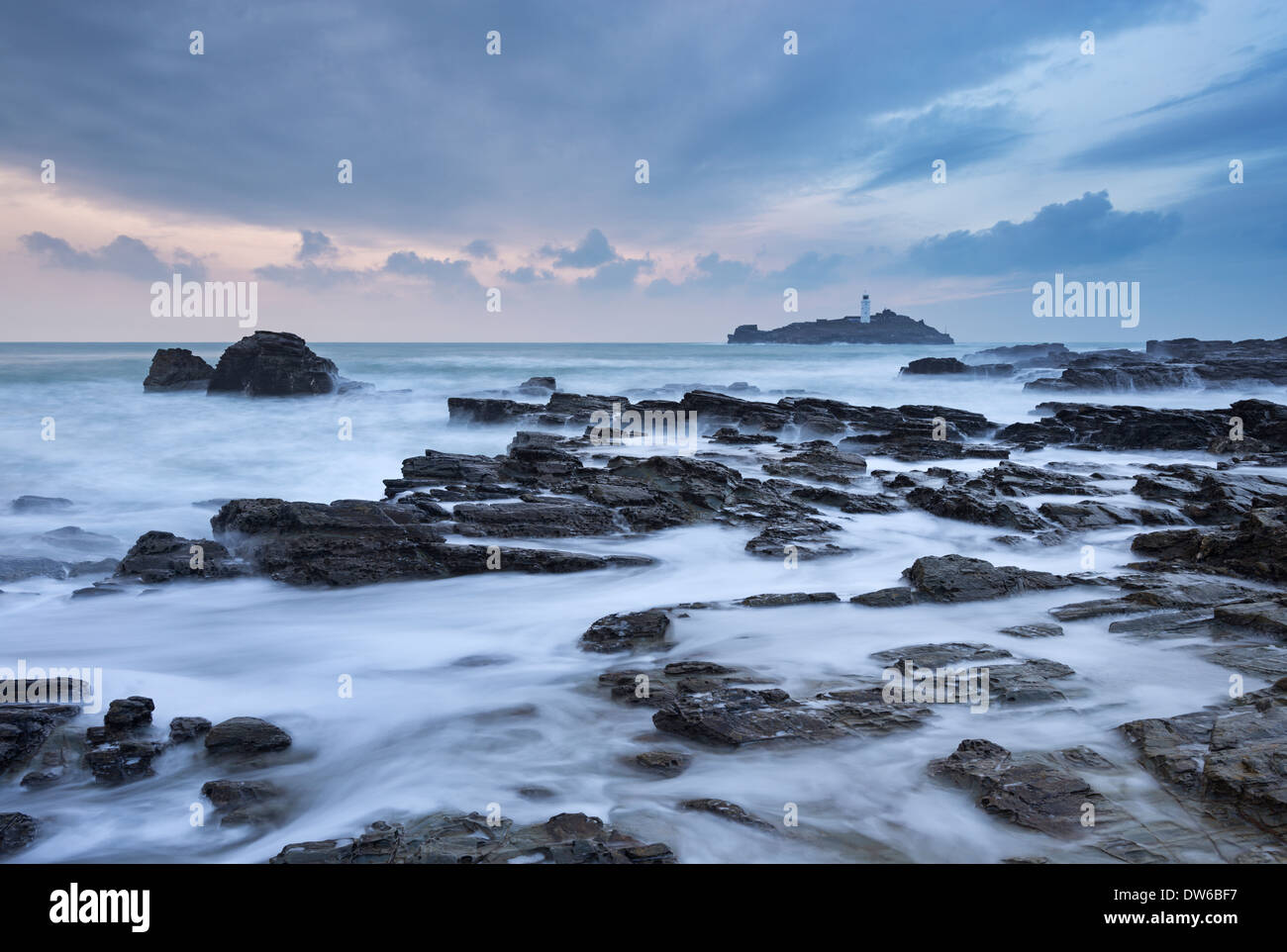 High Tide at Godrevy, looking towards Godrevy Lighthouse, St Ives Bay, Cornwall, England. Winter (January) 2014. Stock Photo
