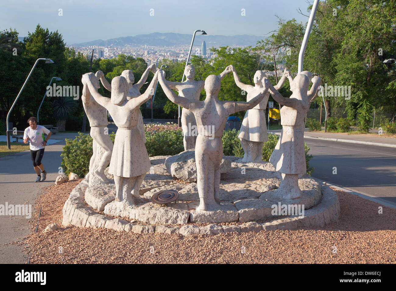 Spain, Catalonia, Barcelona, Monumento a la Sardana stone sculpture in Parc de Montjuic depicting the Catalan national dance. Stock Photo