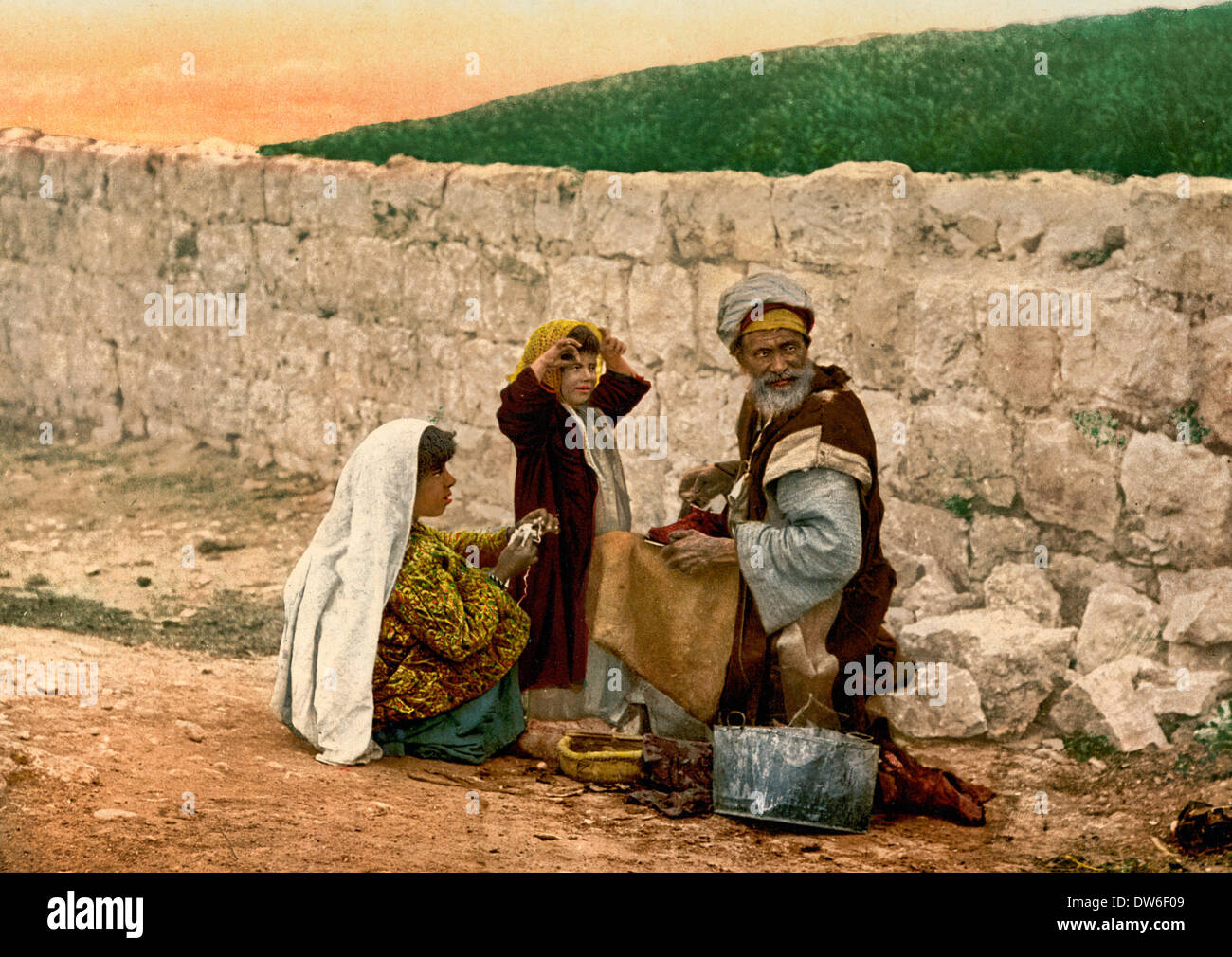 Itinerant shoemaker of Jerusalem, Holy Land, circa 1900 Stock Photo