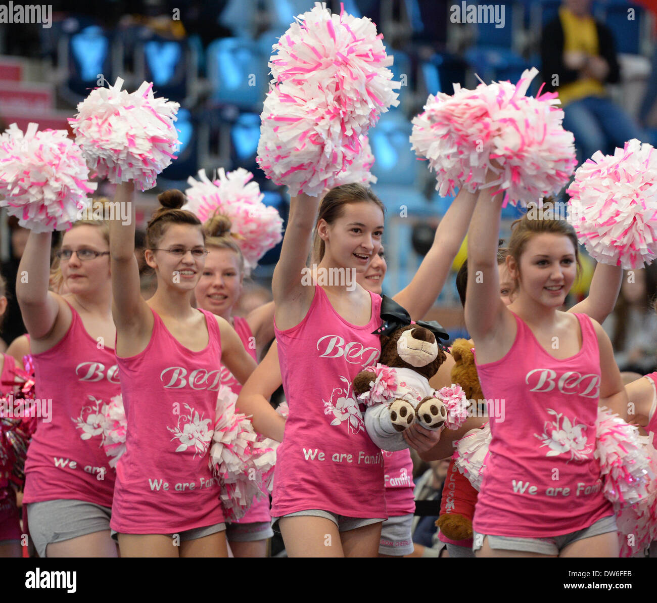 Cheerleaders of team Blossom from Berlin dance during the American