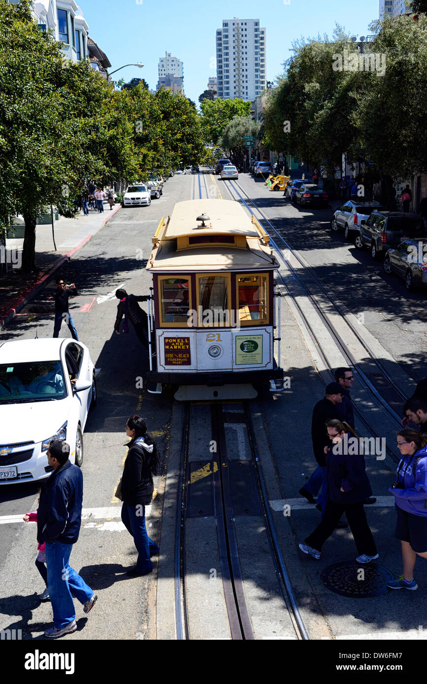 street car going uphill downhill hill hills hilly streets san francisco Stock Photo