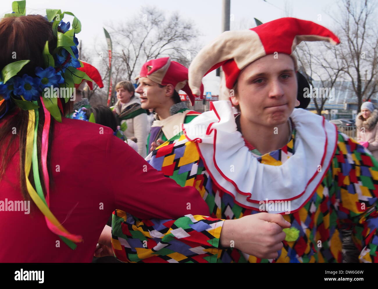 Lugansk, Ukraine. 1st March, 2014. Maslenitsa or Pancake Week is the only purely Slavic Holiday that dates back to the pagan times. This is the celebration of the imminent end of the winter which the Orthodox Church has accommodated as a week of feasting before Great Lent. Credit:  Igor Golovnov/Alamy Live News Stock Photo