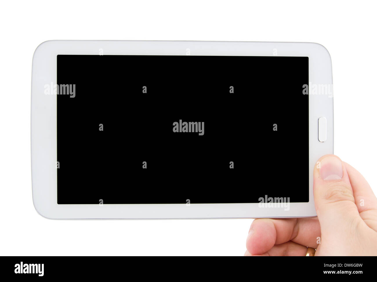 Hand holding tablet pc with empty black display. Horizontal composition Stock Photo
