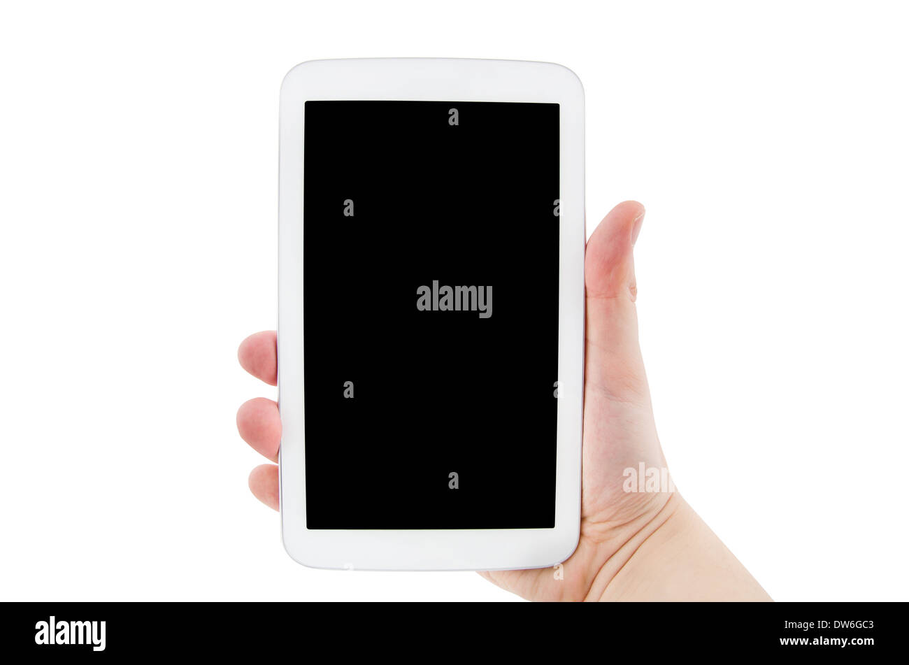 Hand holding tablet pc with empty black display. Horizontal composition Stock Photo