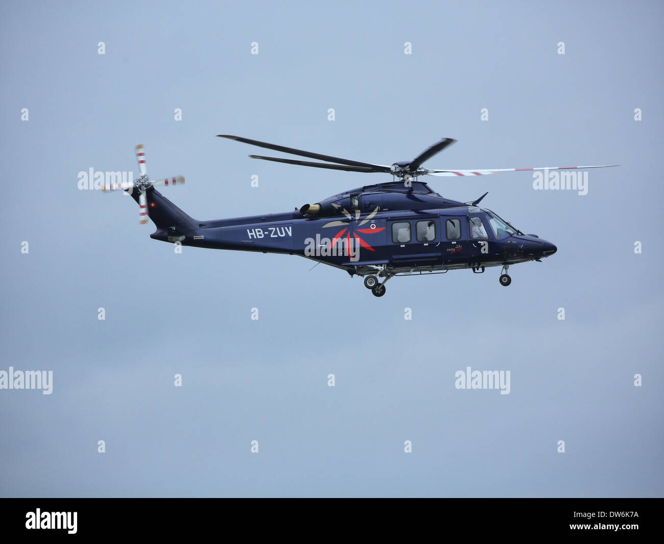 An AgustaWestland AW139 helicoptor owned by SwissJet at the 2012 Farnborough International Airshow Stock Photo
