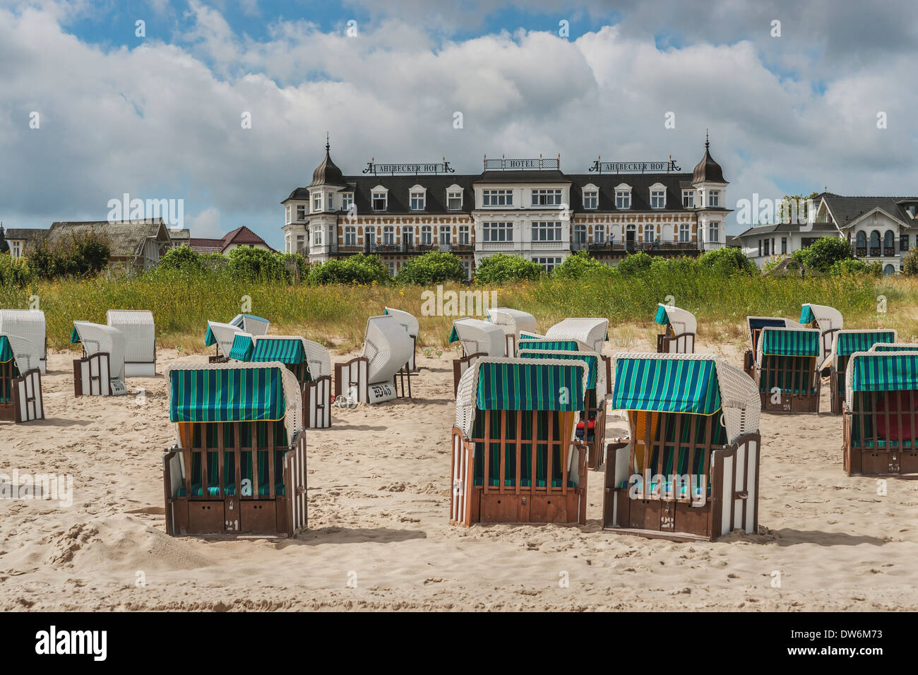 Hotel Ahlbecker Hof, beach chairs at the beach, Baltic resort Ahlbeck, Usedom Island, Mecklenburg-Western Pomerania, Germany Stock Photo