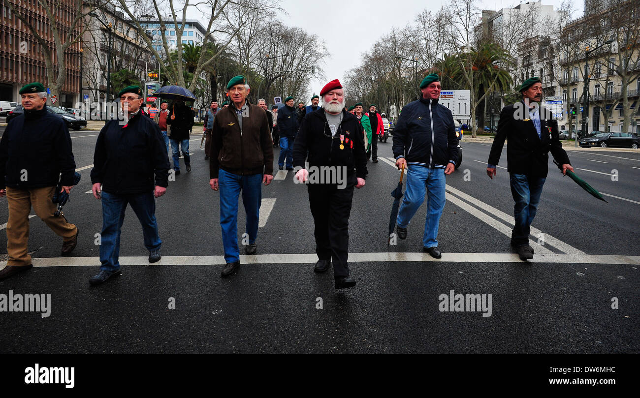 Lisbon, Portugal. 1st March, 2014. The march, which crossed the Avenida da Liberdade, Rossio finished in less than an hour after the departure of the Marquis with the military to sing the national anthem and shouting slogans: 'We are in Portugal, we are for freedom, what we want is respect and honor. ' Credit:  João Nelson Ferreira/Alamy Live News Stock Photo