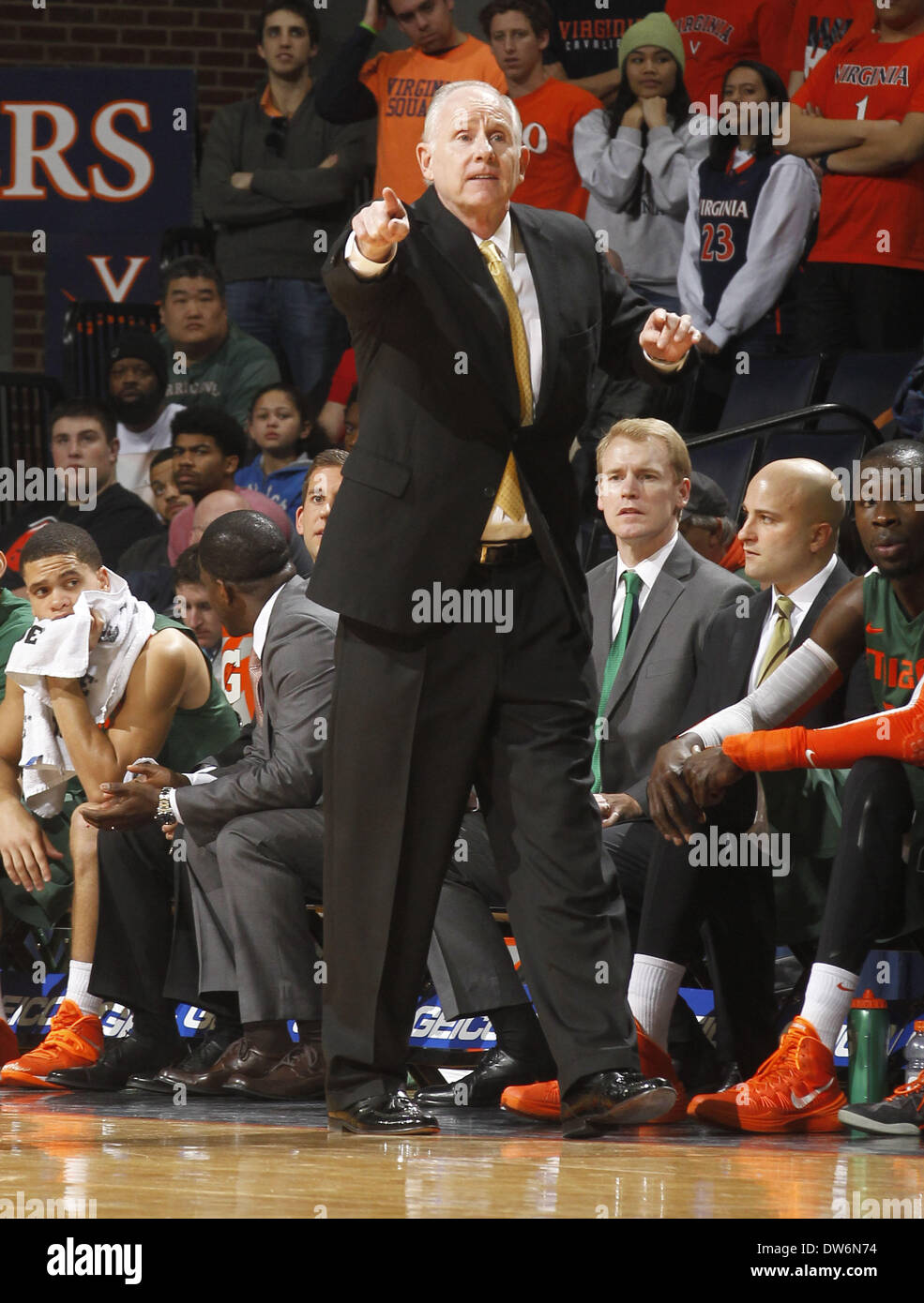 Charlottesville, Virginia, UNITED STATES, . 26th Feb, 2014. Miami head coach Jim Larra''“aga during an NCAA basketball game Saturday Feb, 24, 2014 in Charlottesville, VA. Virginia defeated Miami 65-40. © Andrew Shurtleff/ZUMAPRESS.com/Alamy Live News Stock Photo