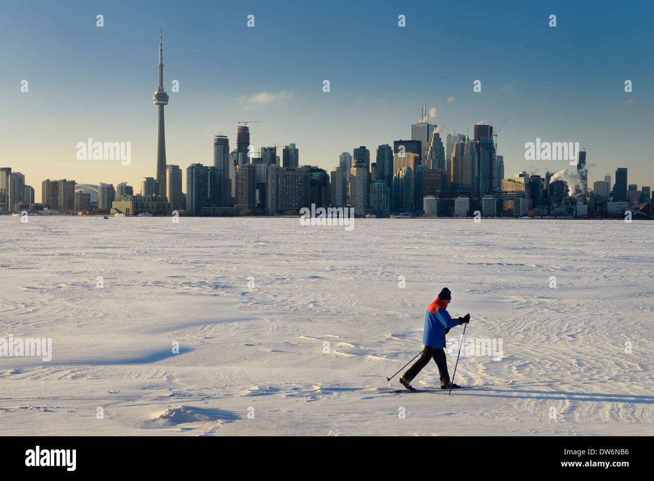 Man cross country skiing on frozen Lake Ontario with Toronto city skyline in winter from Toronto Islands Canada Stock Photo