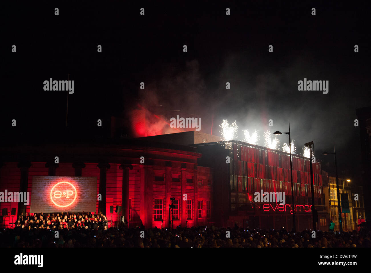 Liverpool, UK. 1st March 2014. Light shows and fireworks mark the reopening of Liverpool's historic Everyman Theatre. Credit:  Adam Vaughan/Alamy Live News Stock Photo