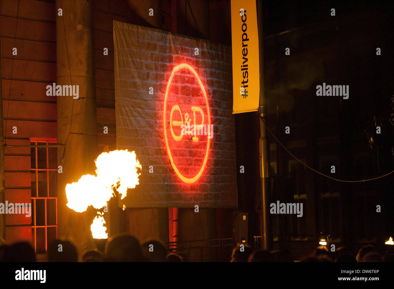 Liverpool, UK. 1st March 2014. Fire displays mark the reopening of the Everyman Theatre in Liverpool Credit:  Adam Vaughan/Alamy Live News Stock Photo