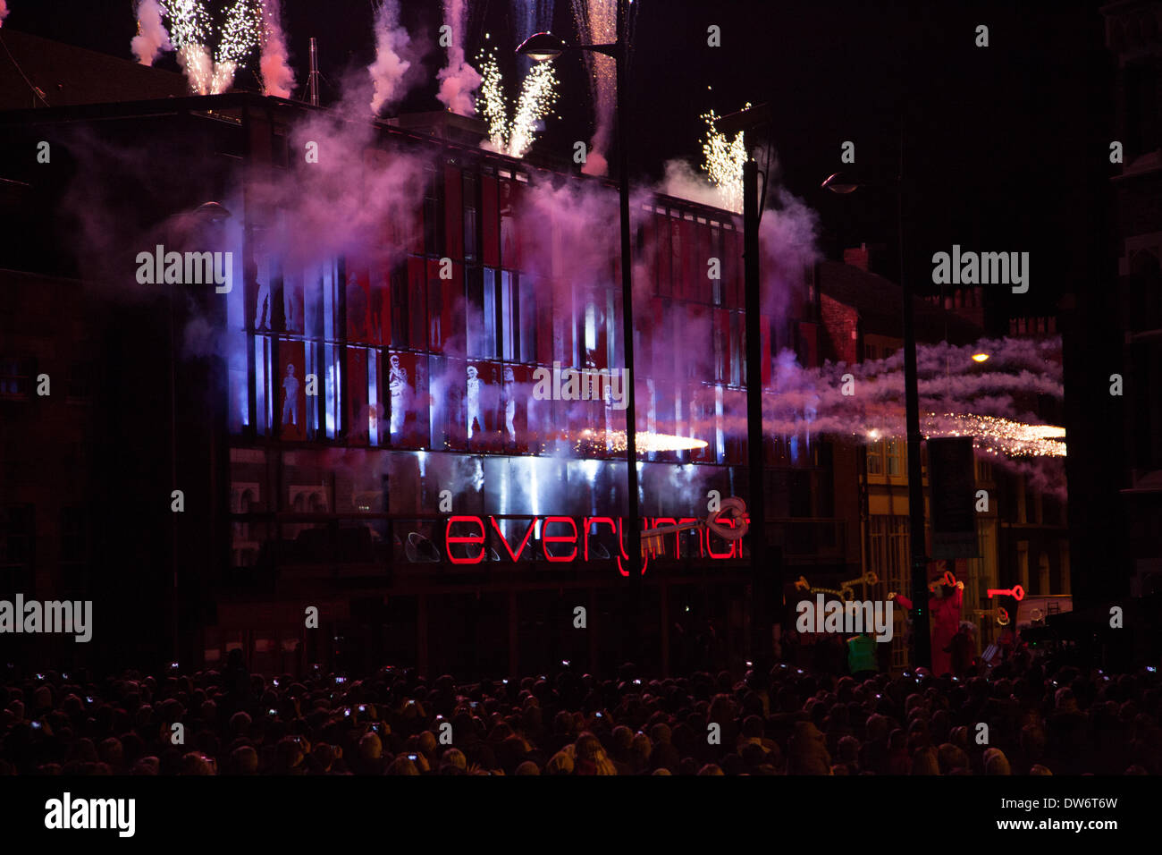 Liverpool, UK. 1st March 2014. Fireworks are let off to celebrate the reopening of Liverpool's Everyman Theatre. Credit:  Adam Vaughan/Alamy Live News Stock Photo