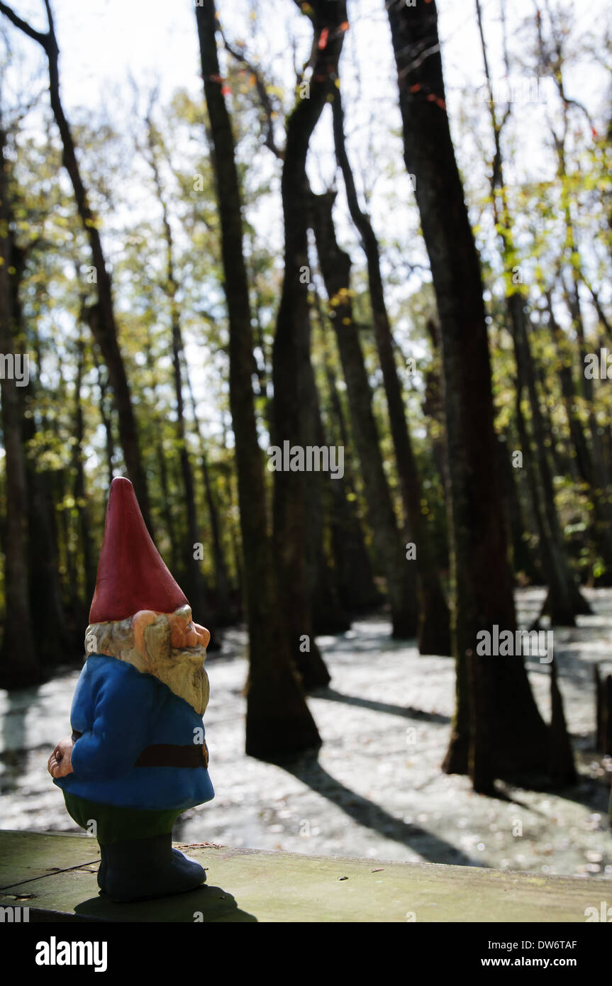 Small garden gnome overlooking a cypress swamp along the Natchez Trace in Mississippi Stock Photo