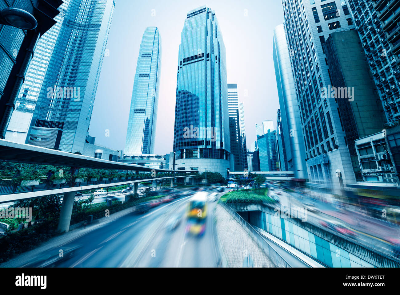 abstract architecture automobile blue blur building bus car central city cityscape commercial district downtown dramatic driving Stock Photo