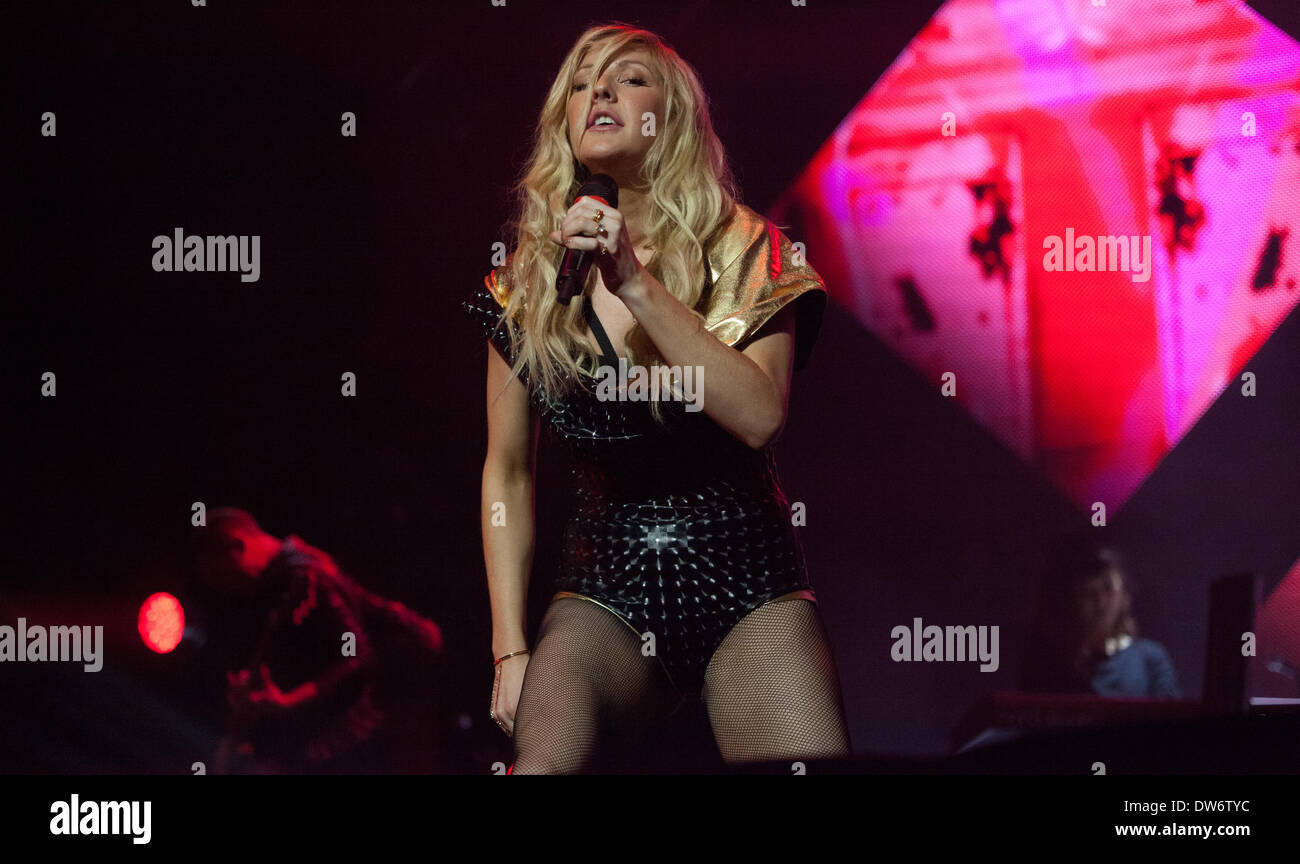 Dublin, Republic of Ireland. 1st March 2014. Ellie Goulding performs live on stage at the O2 Dublin on 1st March 2014 in front of a crowd of nearly 14,000 Credit:  Paul Keeling/Alamy Live News Stock Photo