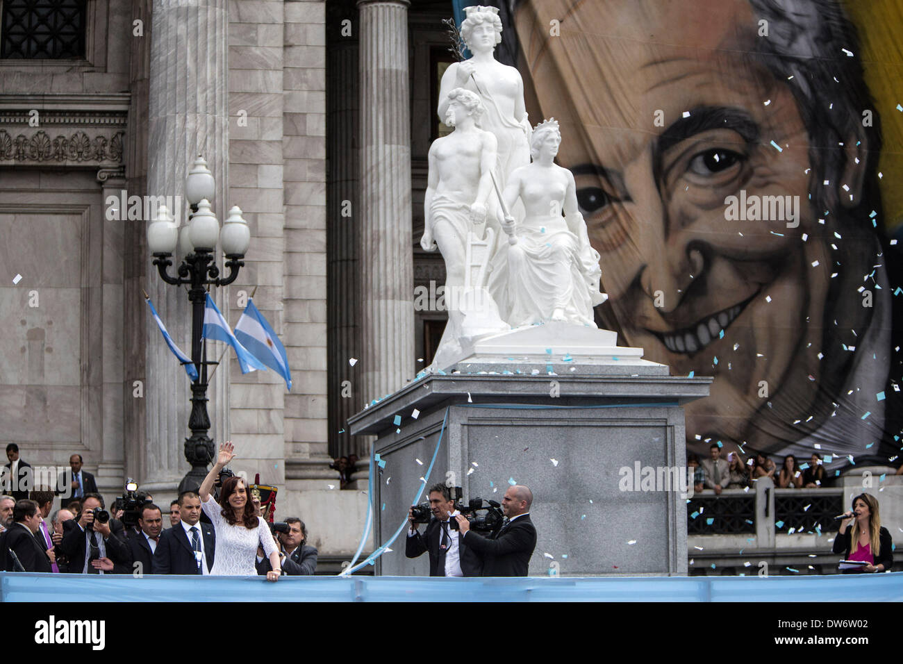 Buenos Aires, Argentina. 1st Mar, 2014. Argentina's President Cristina Fernandez greets her supporters at the Congress Square at the end of the inaugural assembly of the 132nd regular session of the National Congress in Buenos Aires, capital of Argentina, on March 1, 2014. Credit:  Martin Zabala/Xinhua/Alamy Live News Stock Photo