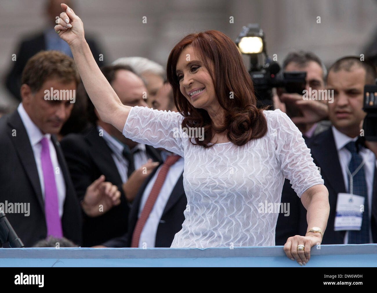 Buenos Aires, Argentina. 1st Mar, 2014. Argentina's President Cristina Fernandez greets her supporters at the Congress Square at the end of the inaugural assembly of the 132nd regular session of the National Congress in Buenos Aires, capital of Argentina, on March 1, 2014. Credit:  Martin Zabala/Xinhua/Alamy Live News Stock Photo