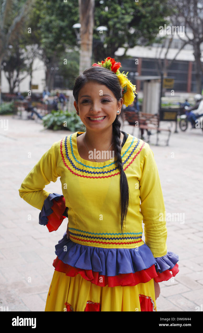 A Colombian woman wearing traditional dress, Bogota, Colombia