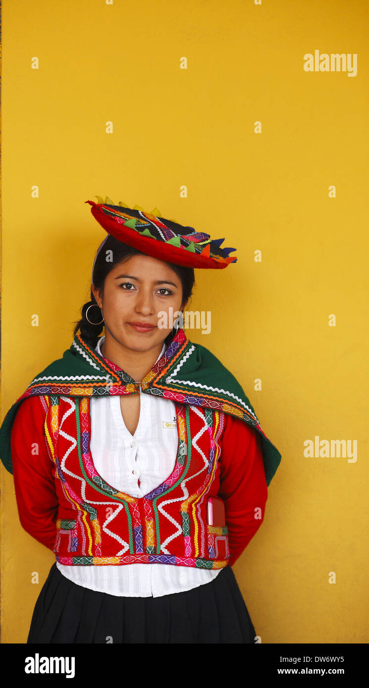 Peruvian woman wearing traditional dress, Lima, Peru Stock Photo