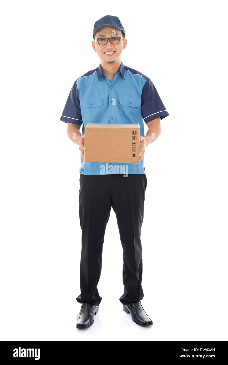 Delivery person delivering package smiling happy in blue uniform